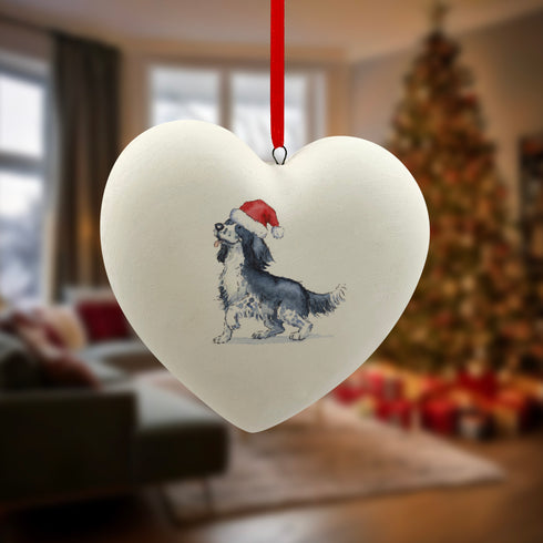 Sprocker Black & White in Santa Hat Christmas Heart Bauble